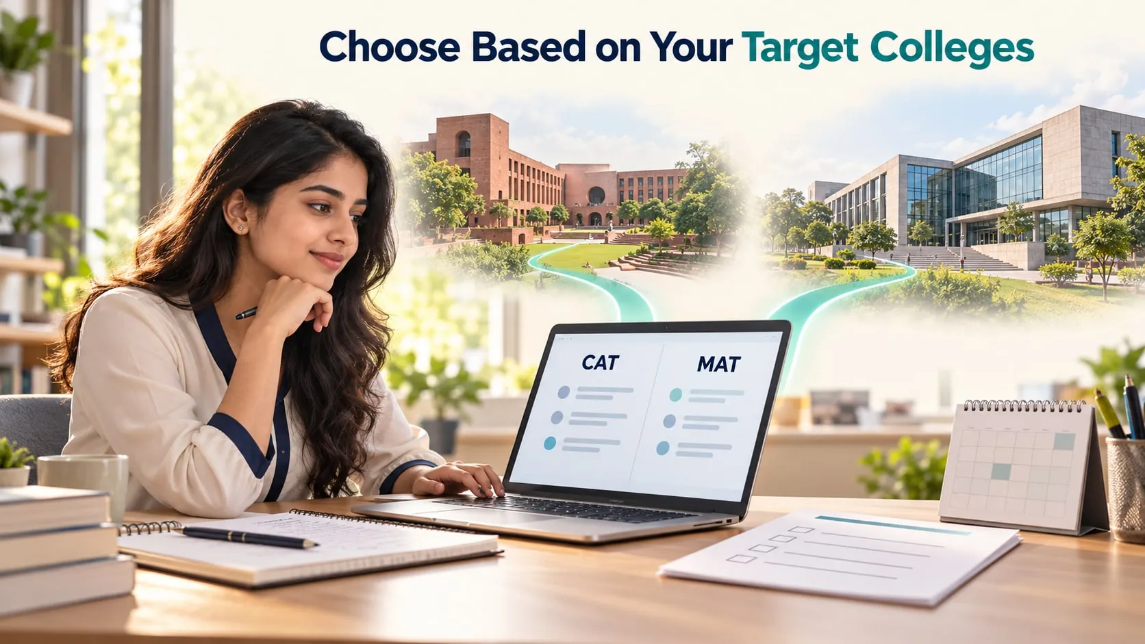 Choose based on your target colleges: a student comparing CAT and MAT on a laptop, with two campus paths
