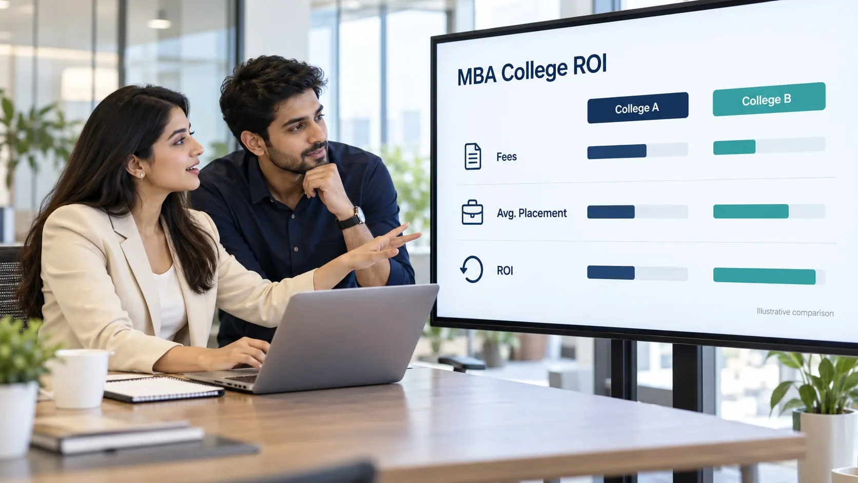 Two students comparing two MBA colleges on fees, average placement and ROI on a large screen