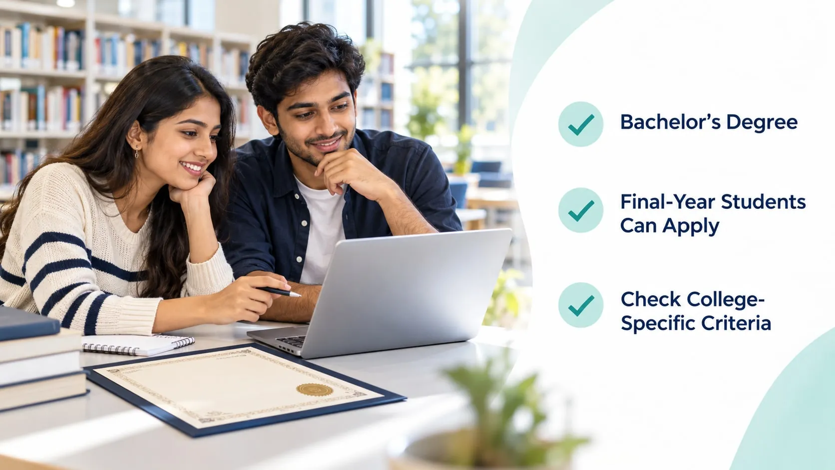 Two students checking MBA eligibility on a laptop: bachelor’s degree, final-year students can apply, check college-specific criteria