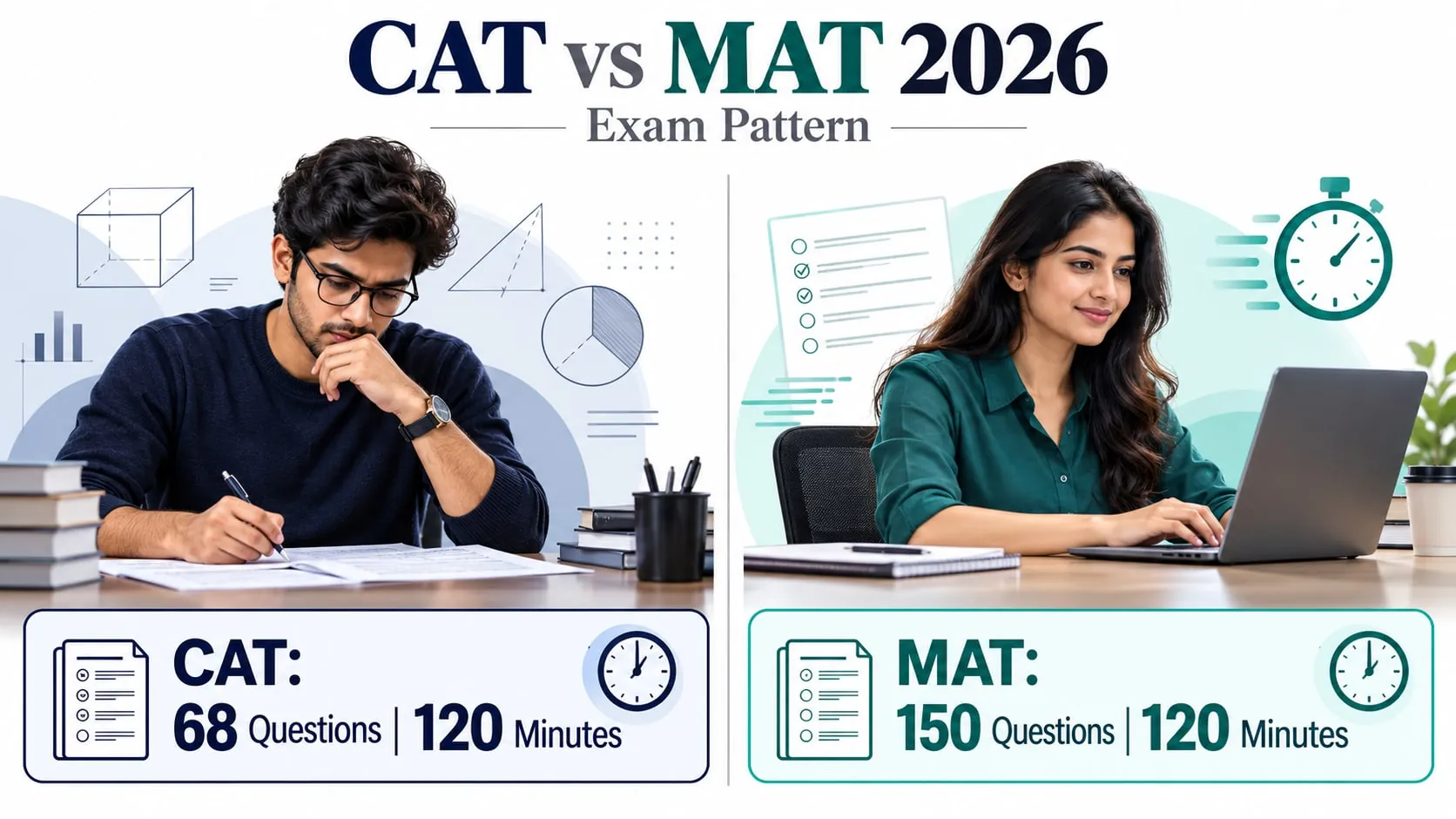 CAT vs MAT 2026 exam pattern: CAT has 68 questions in 120 minutes, MAT has 150 questions in 120 minutes
