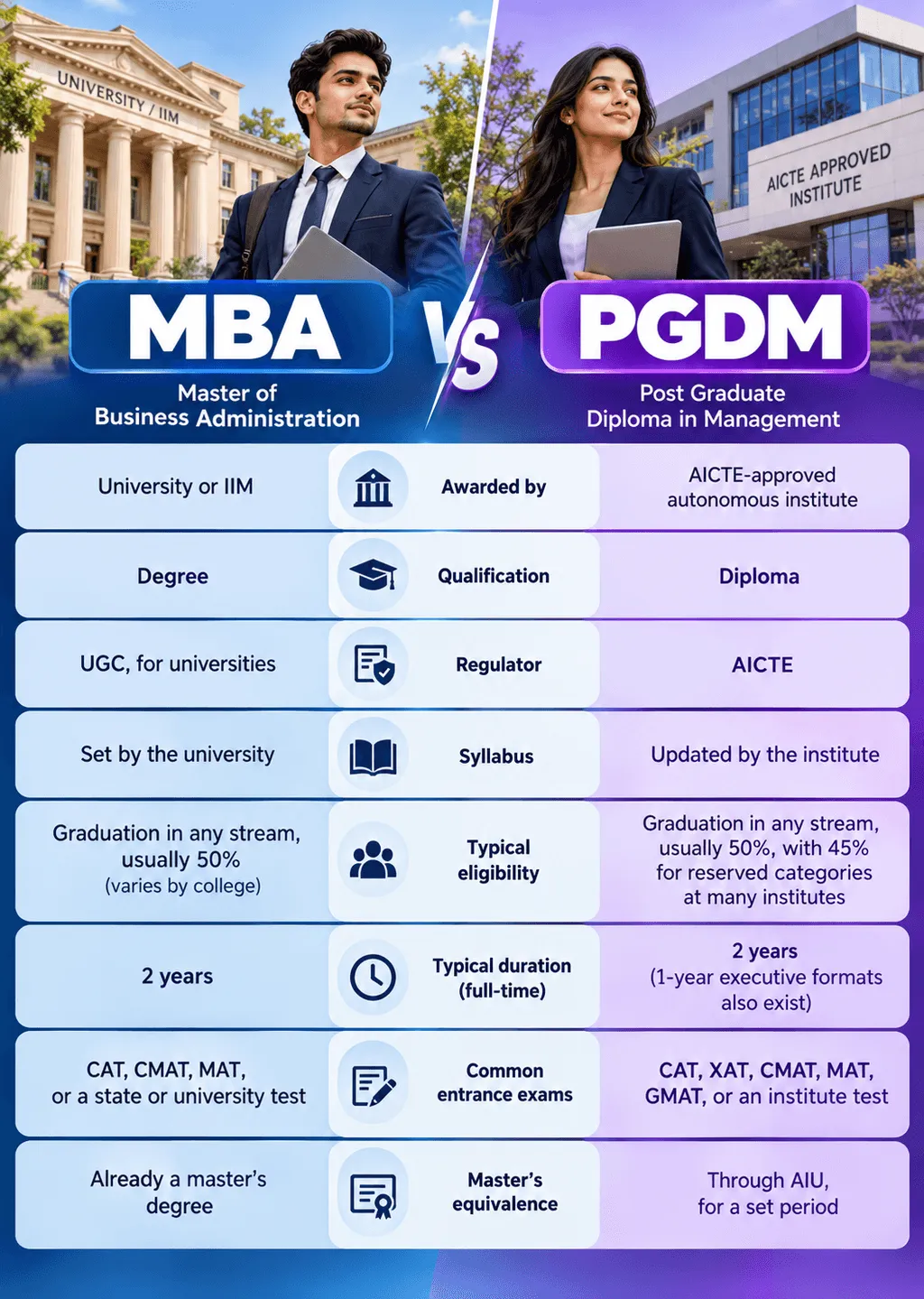 Side-by-side comparison of an MBA degree from a university or IIM and a PGDM diploma from an AICTE-approved institute, covering who awards it, the regulator, syllabus, eligibility, duration, entrance exams and master's equivalence