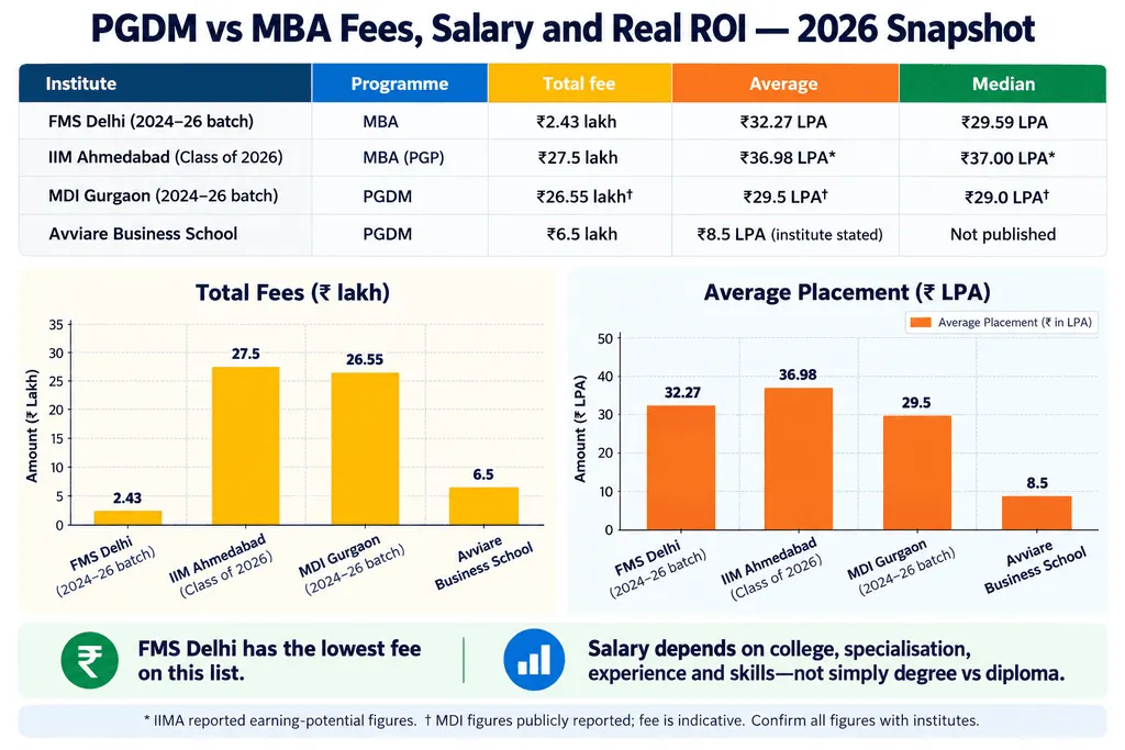 Chart comparing 2026 fees and average salaries at FMS Delhi, IIM Ahmedabad, MDI Gurgaon and Avviare Business School